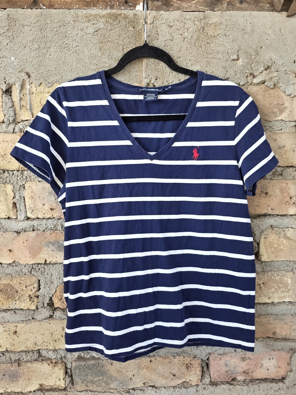 Ralph Lauren Sport Navy Blue & White Striped V-Neck Tee XL